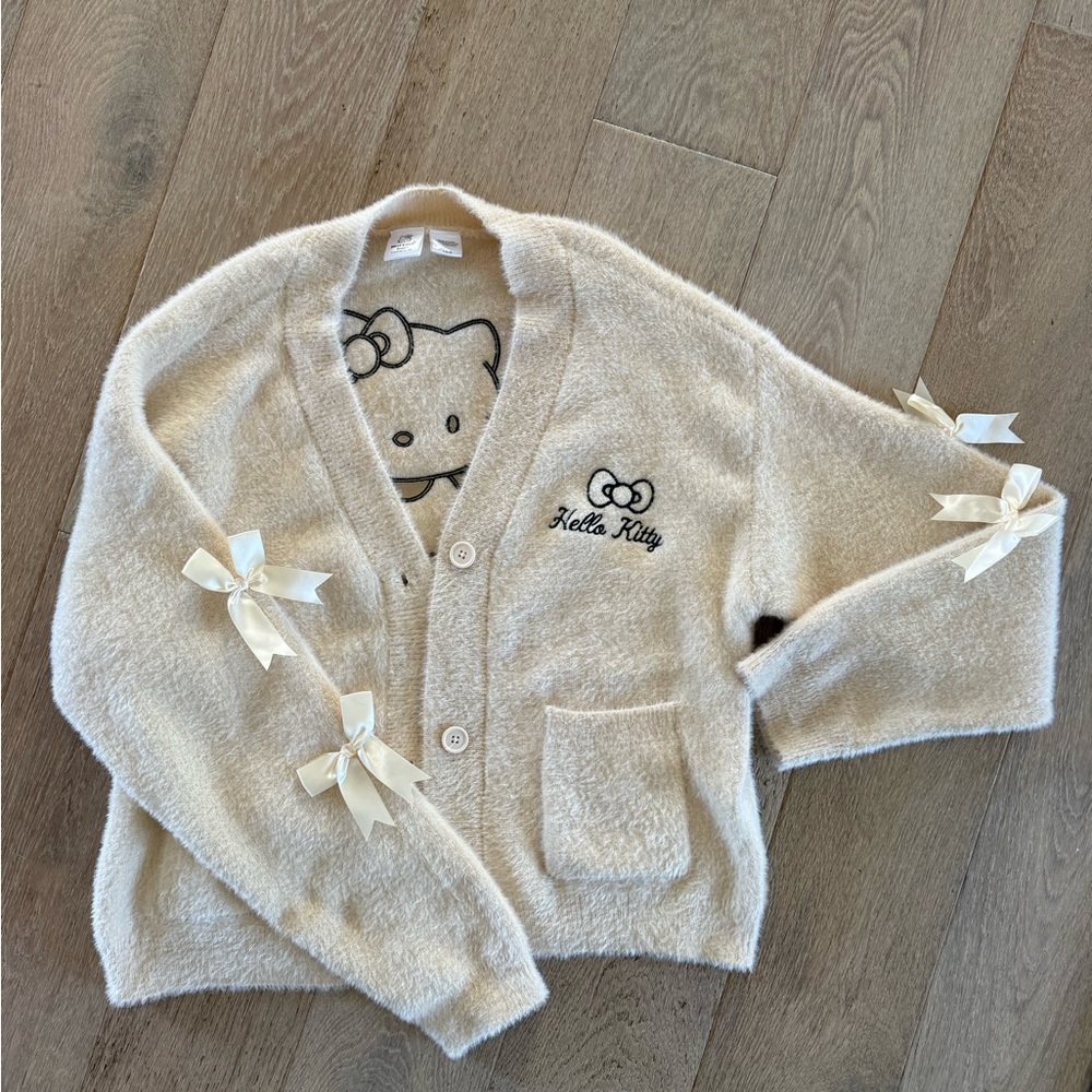 RARE! Hello Kitty Cream Fuzzy Cardigan with Satin Bow Details